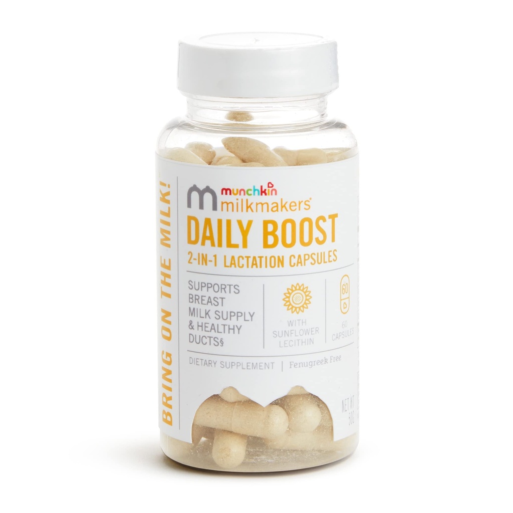 Munchkin® Milkmakers® Daily Boost 2-in-1 Integratori di lattazione per l'allattamento al seno, infermieristica e pompaggio mamme - Fenugreek Free, 60 capsule