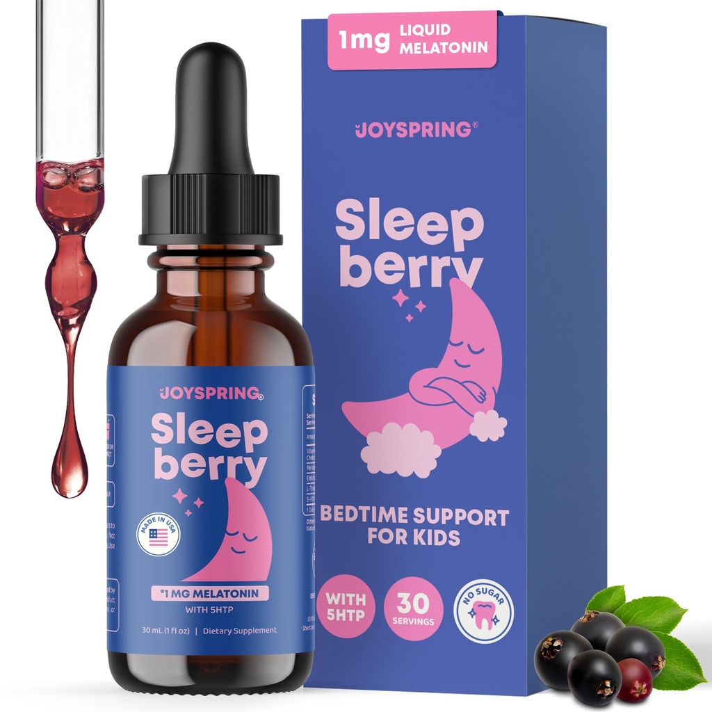 JoySpring Melatonin 1MG per bambini | 5HTP & L-teanina – Melatonina liquida senza zucchero per bambini e adolescenti – Supplemento per bambini (1 fl oz)