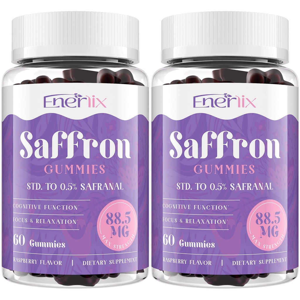 Enerlix Saffron Gummies 88.5 mg with Magnesium, Max Strength Saffron Supplements with St. John’s Wort, GABA, Rhodiola, Rosemary & Passion Flower Extracts for Mood, Focus - 120 Servings