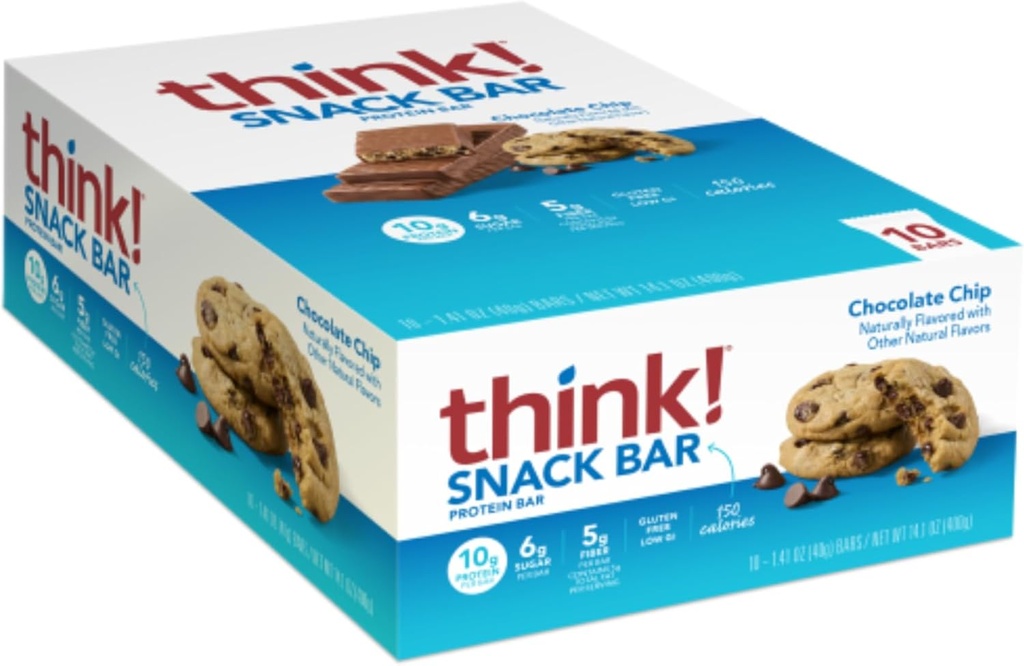 Denk nach! Proteinriegel mit Chicory Root für Fiber, Verdauungsunterstützung, Glutenfrei mit Whey Protein Isolate, Schokolade Chip, Snack Bars ohne künstliche Süßungsmittel, 1.4 Oz (10 Count)