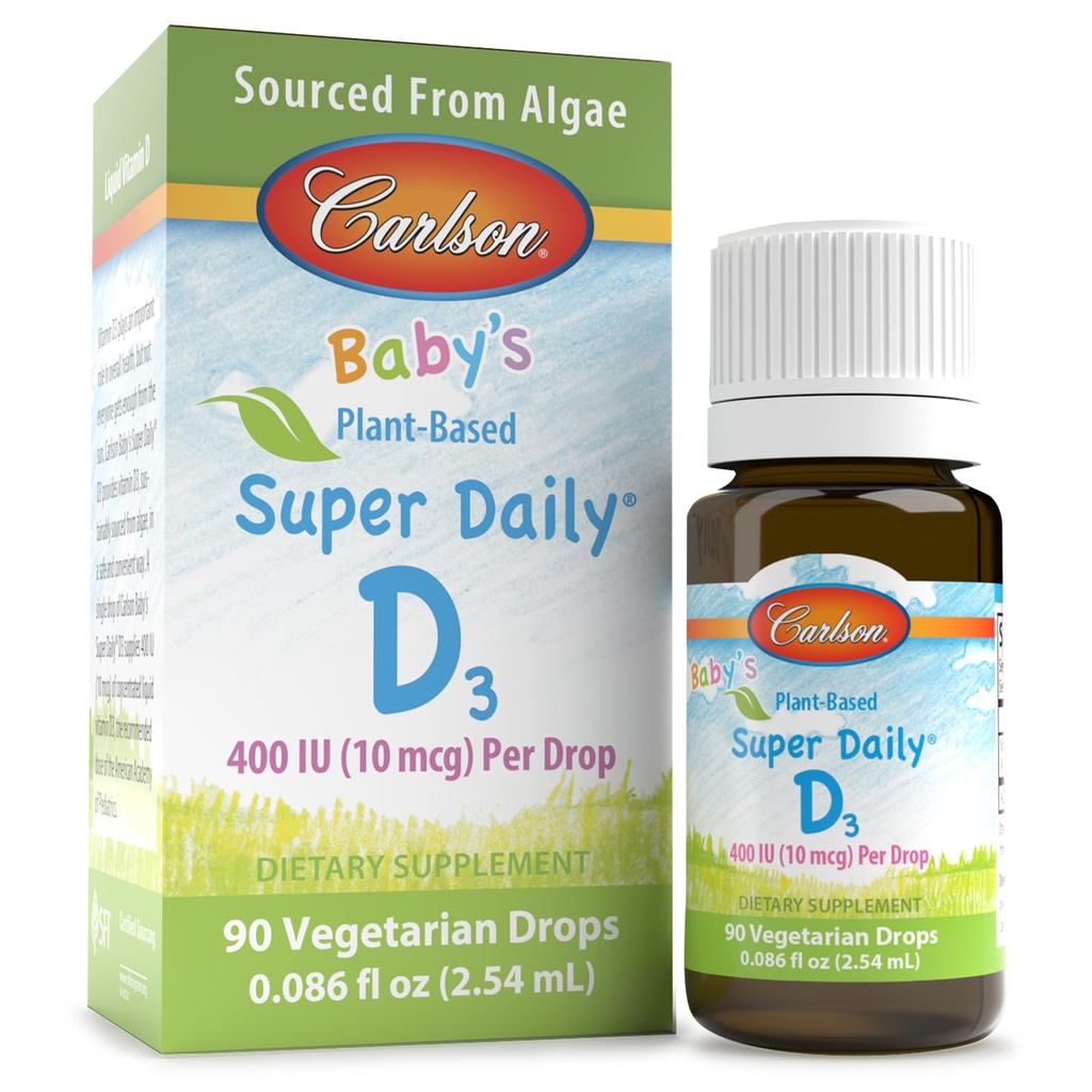 Carlson - Les gouttes de vitamine D, 400 UI (10 μg) par goutte, provenant d'algues, pour les nourrissons et les tout-petits, sans saveur, 90 gouttes (2,54 mL)