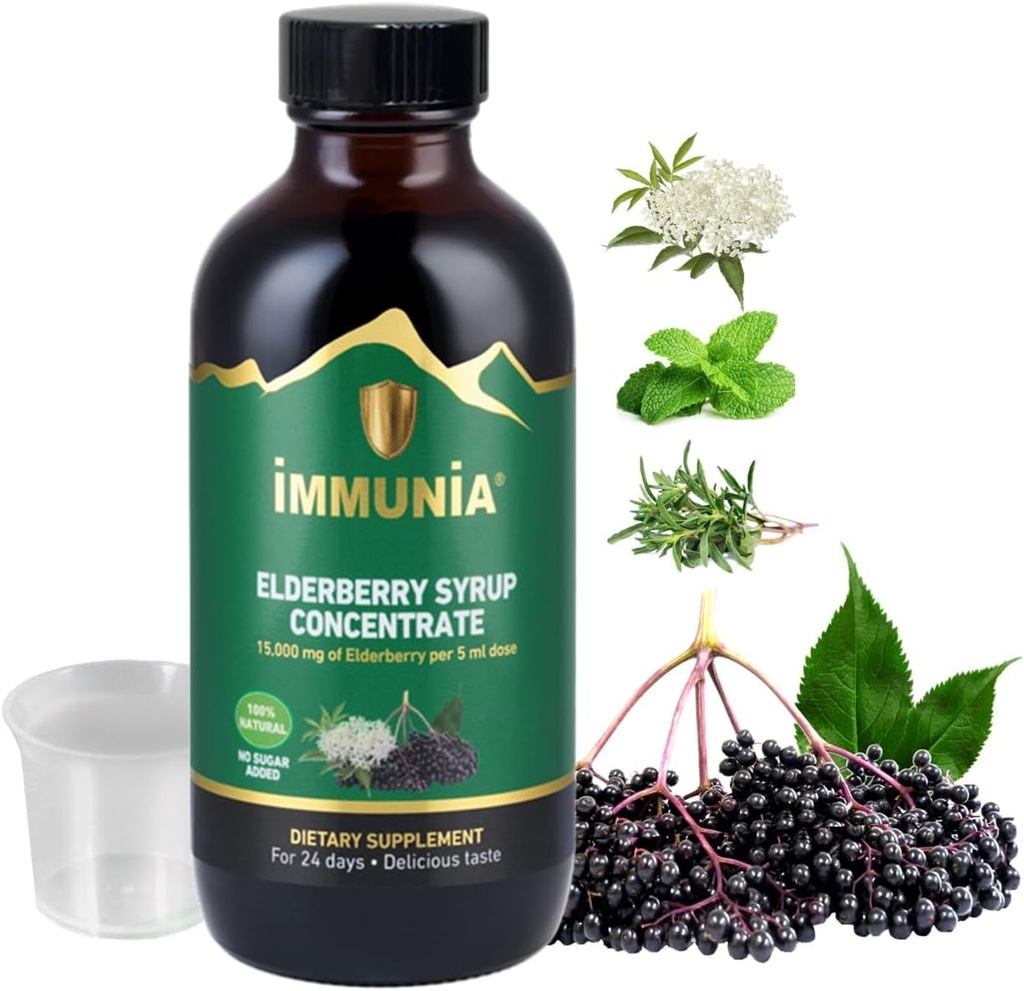 Immunia Elderberry Sirop aide à renforcer le système immunitaire. Ailleurs Concentré avec des fleurs, thym et menthe poivrée. Pas de sucre ajouté. Délicieux goût. 24 jours/bouteille. (1-paquet)
