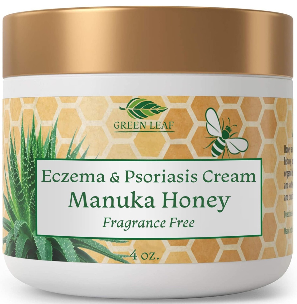 Green Leaf Naturals Manuka Honey Eczema Cream Feuchtigkeitsspendende Lotion Duft frei für Psoriasis Relief - juckend, trockene Haut Salbe - Haut beruhigende Feuchtigkeitscreme - Body & Face Cream - Kinder & Erwachsene 4oz