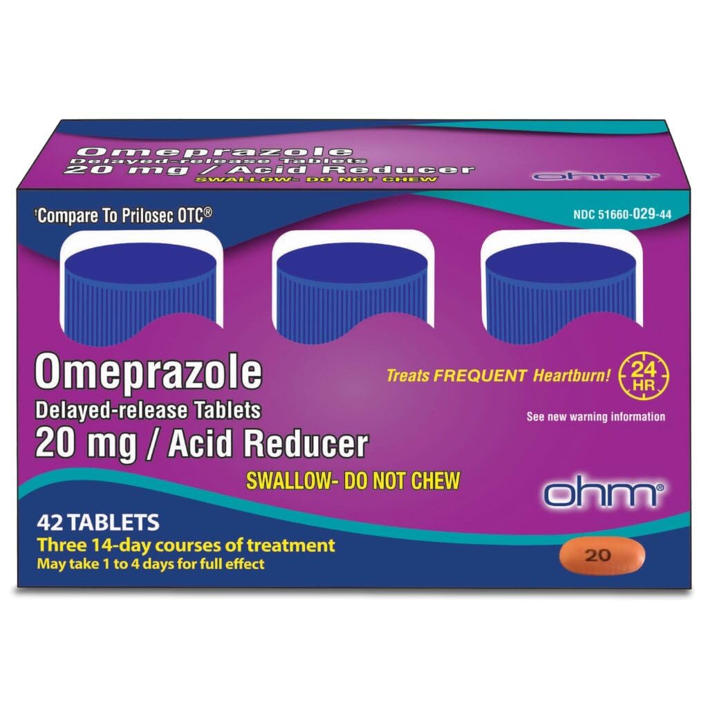 Ohm Omeprazol 20mg, 42 Delayed-Release Tabletten, saurer Reducer für häufige Sodbrennen, 24-Stunden-Relief-Herzbrennen Medizin, hilft Stomach & Chest Discomfort (6 Wochen der Versorgung, 42, Count)