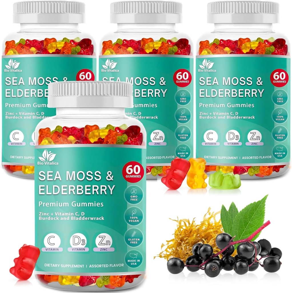 BIO VITALICA Sea Moss Gummis Elderberry BioVitalica - Vitamin C D + Zink - Irish Seamoss Vegan Gummy mit Sea Moss Gel & Pulver für Immunität, Detox - für Erwachsene und Kinder (4Packs)