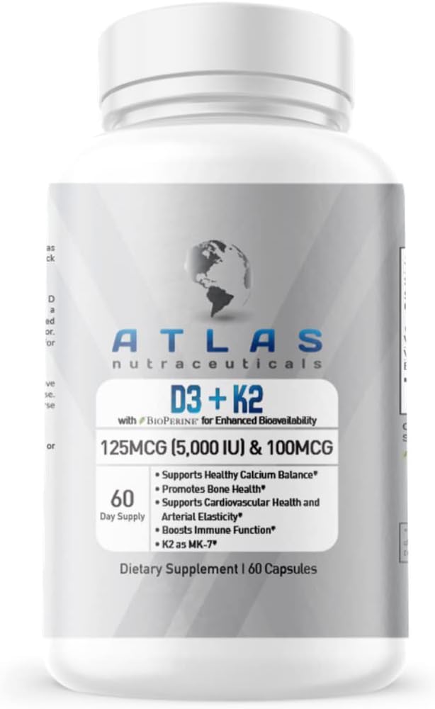 Atlas Nutraceuticals-Vitamin D3+K2- Vitamin D3 5000IU Plus K2, 2 in 1 Formel, MK7 Vitamin K2, 60 Kapseln, Immun Vitamin Complex