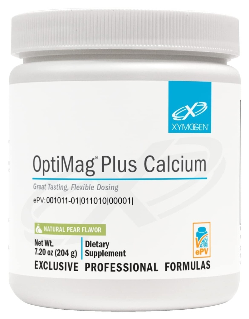 XYMOGEN OptiMag Plus Calcium - Poudre de magnésium avec du calcium pour soutenir les comportements calmes, l'humeur saine, les os sains + la fonction musculaire - Arôme de poire, avec le malate de magnésium (7,2 oz)