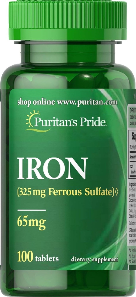 Puritans Pride Fer Sulfate ferreux 65 Mg Comprimés, 100 Compte