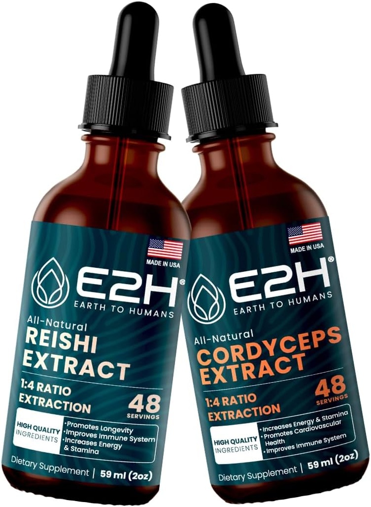 E2H: Reishi & Cordyceps Extracts - Energy, Longevity, Energy, Stamina & Immune Support - Non-GMO, Vegan - 2 Fl Oz Ogni (4 Fl Oz Totale) - Bundle