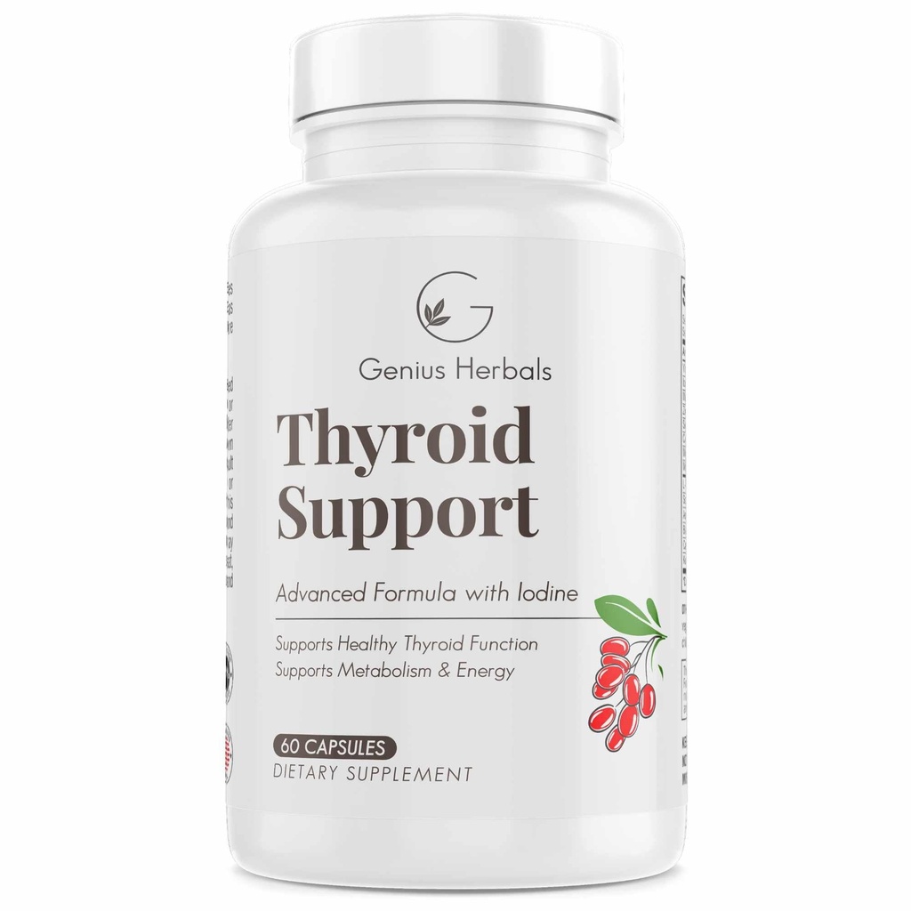 Support Thyroïde - Formule avancée avec l'iode, soutient le métabolisme et l'énergie, soutient Thyroïde en santé. Supplément thyroïde non OGM - 60 gélules