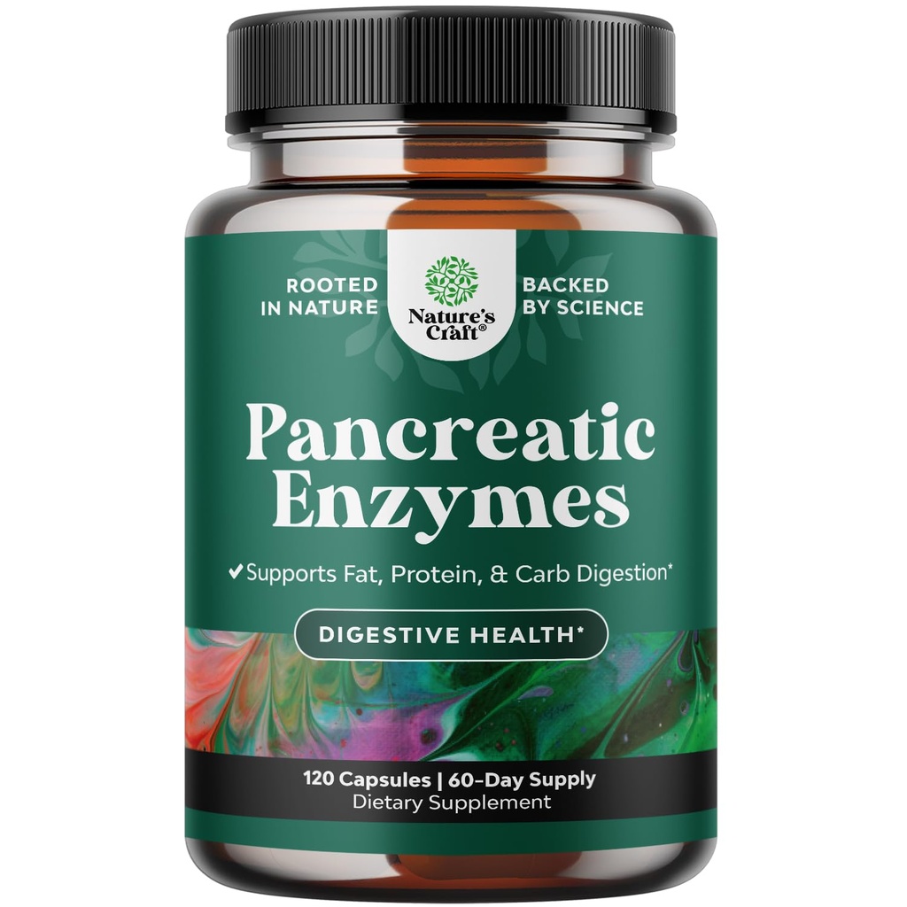 Natura Artigianato Pancreatin Enzimi Digestivi per la Salute Digestiva - Enzimi Pancreatici per gli Umani con Carb Grasso e Proteine Donne e Uomini - Protease Amylase & Lipase Digestione -120ct