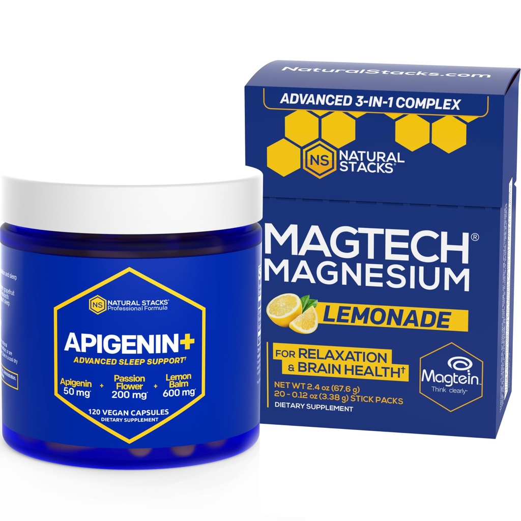 NATURAL STACKS Magtech Magnesium Drink Mix + APIGENIN+ Supplemento Bundle - Supporta il rilassamento, la salute del cervello e il sonno* - 80 Serve