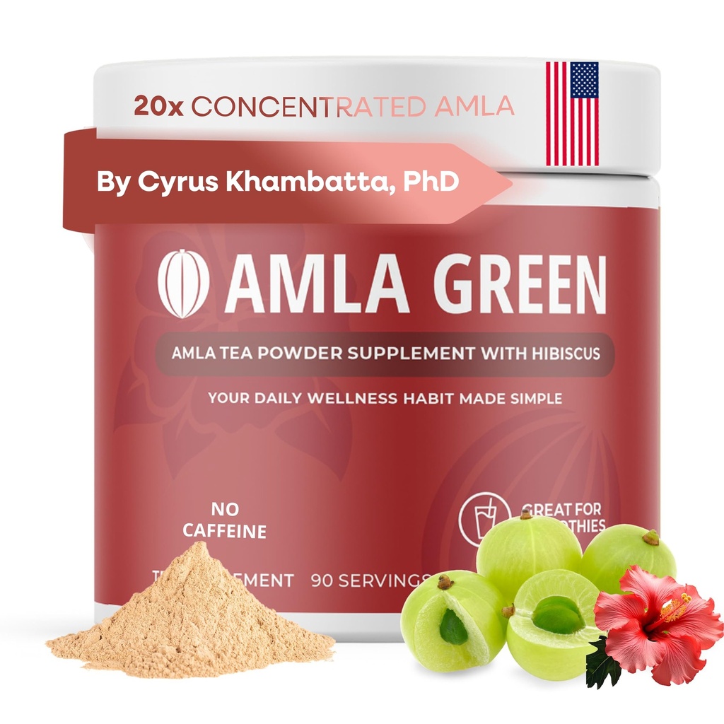 Amla Powder & Green Tea Superfood Supplement mit Hibiscus, 20x Ultra Concentrated Amla, Antioxidant Support, Hergestellt mit Oolong Tee und indischen Gänsebeeren, Organisch, Vegan, Hibiscus, 90 Servietten