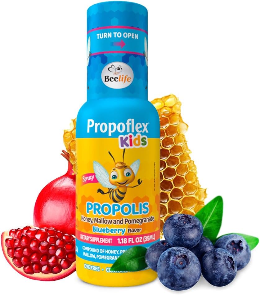 Estratto di Beelife Bee Propolis, Propolis Throat Spray per Bambini – Propolis, Honey, Mallow, Pomegranate - Supporto Immune Naturale & Sore Throat Relief, No Sugar - Blueberry Flavor - (35ml / 1-Pack)