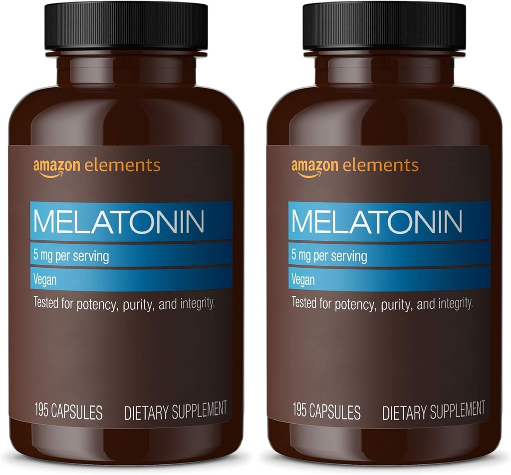 Elemente - Melatonin 5mg Kapseln, Hilft mit okzialen Schlaflosigkeit, Vegan, Unflavored, 195 Count (Pack von 2), 6 Month Supply (Packaging May Vary)