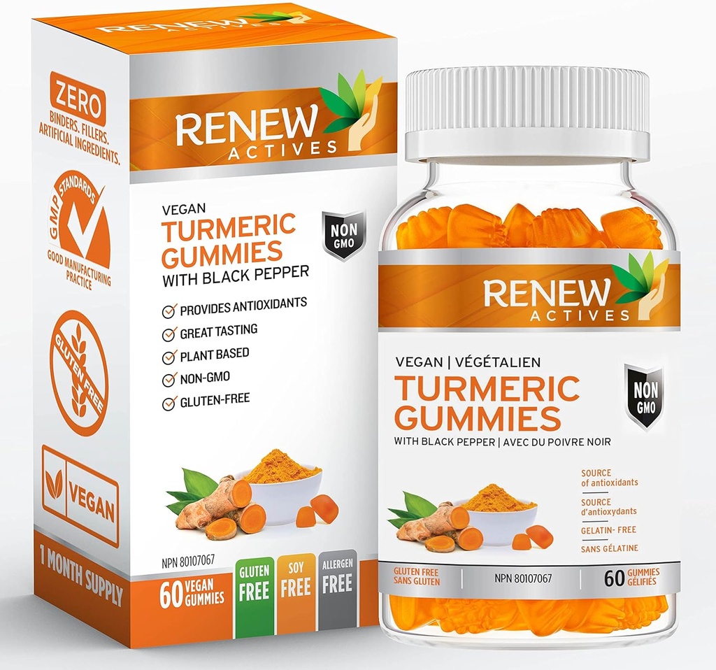RENEW ACTIVES Vegan Turmeric 130MG pro 2 Gummis mit schwarzem Pfeffer für Enhanced Absorption – Antioxidant Support & Immune Health – Große Verkostung, Einfach-zu-Swallow Supplement, Made in Canada– 60 Gummis