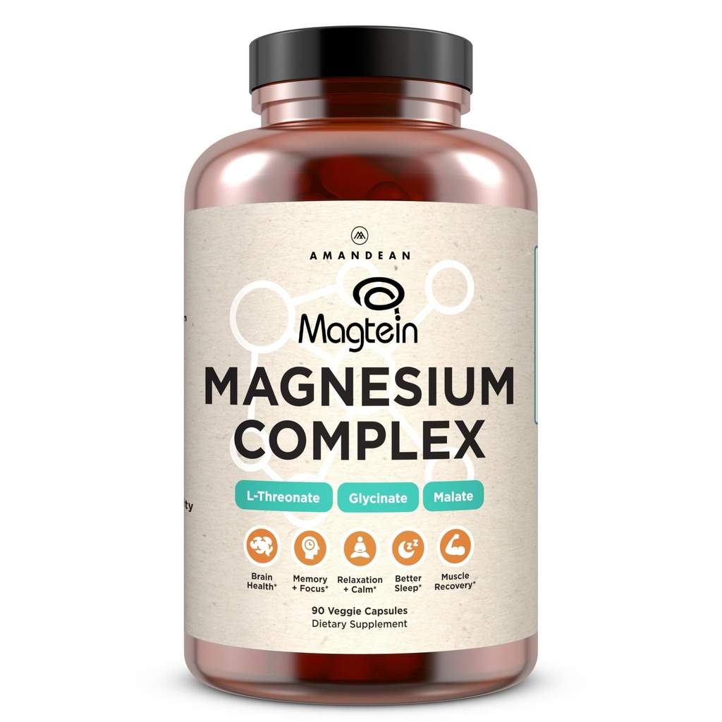 AMANDEAN Magtein Magnesium Complex. L-Threonate, Glycinate, Malate Triple Blend Chelat Magnesium Supplement. 90 Veggie Kapseln. Hohe Absorption Branded Zutaten. Gehirngesundheit, Schlaf, Ruhe*.
