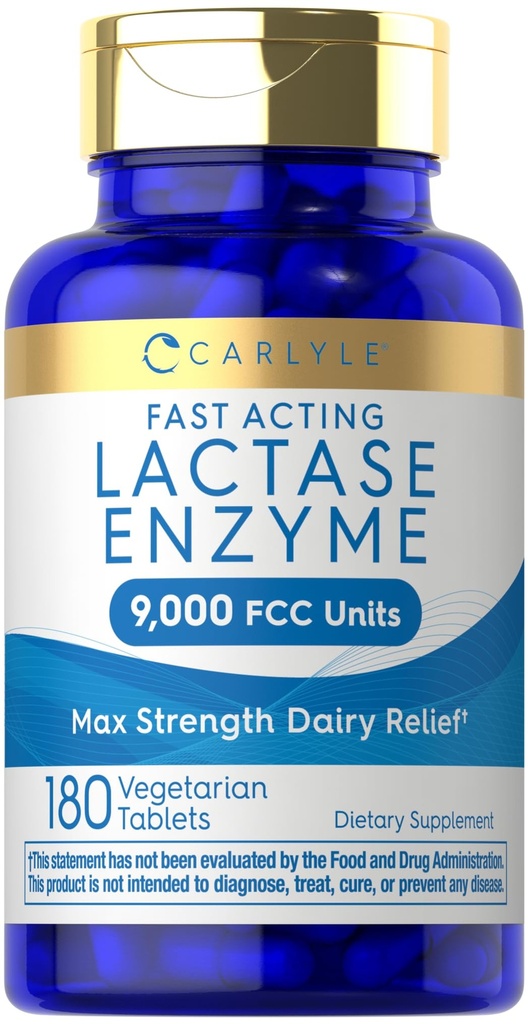 Carlyle Lactase Enzyme Pills 9000 FCC.180 Comprimés Supplément d'aide aux produits laitiers à action rapide.