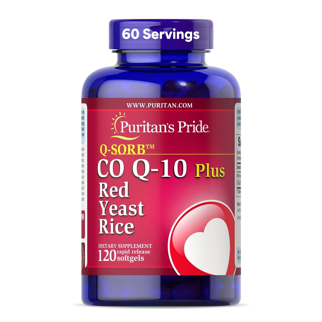 Puritan's Pride Q-SorbTM Coenzyme CoQ10 Integratore alimentare per la salute del cuore, la salute della gomma orale e il supporto sano dell'invecchiamento, Plus Red Yeast Rice per una migliore digestione, 120 Softgel a rilascio rapido