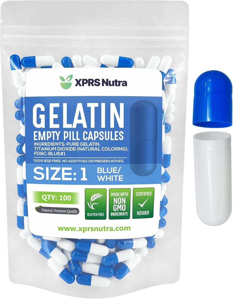 XPRS Nutra Size 1 Capsule Vuote - 100 Conta Capsule Gelatini Vuoti - Riempimento Pillola Capsule fai da te - Pure Bovine Pill Gel Caps per Do-It-Yourself Supplements (Blue/White)