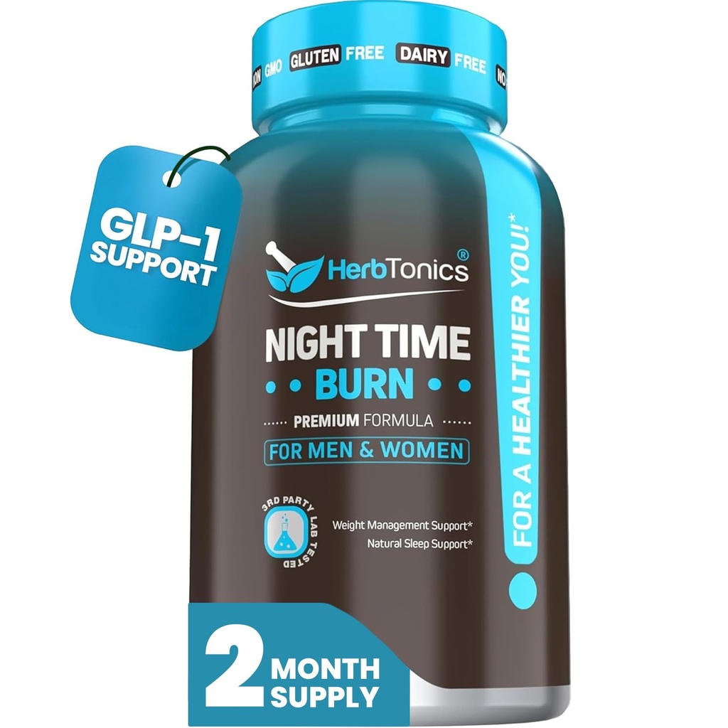 Herbtonics Night Time Burn & Sleep Complex soutient le métabolisme nocturne, le stress et le sommeil profond. Comprend Melatonine, Valérien et Thé Vert – Vegan Bedtime Weight Management (60 capsules)