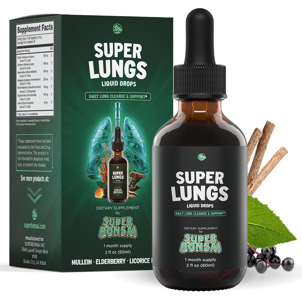 SuperBonsai Super Lungs Mullein Drops – Kräuter Lung Unterstützung Tincture mit Mullein Blatt Extrakt Elderberry Reishi Marshmallow Root – Unterstützt klare Atmung & Wellness – 2 Unzen