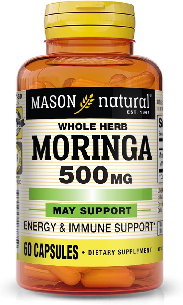MASON NATURAL Moringa 500 mg - Supporta il metabolismo energetico e la risposta infiammatoria, Antiossidante Immune Support Herbal Supplement, 60 capsule