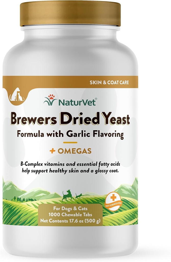NaturVet – Formule de levure séchée à l'ail – Plus Omégas Riche en acides gras oméga-3, 6 et 9 Fortifiée de B1, B2, Niacine et vitamine C pour chiens et chats