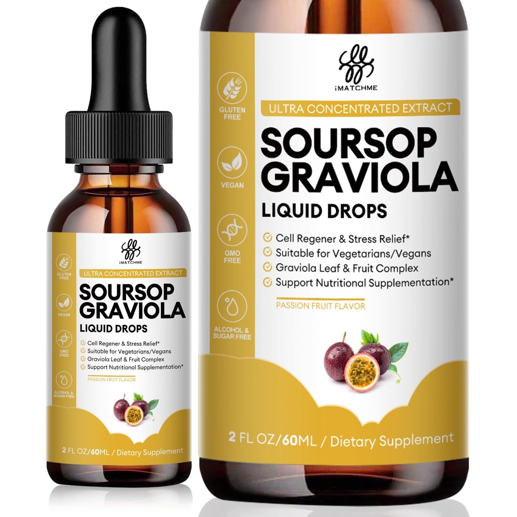iMATCHME Premium Soursop Graviola für Verdauung, Unterstützung Gesunde Haut & Schlaf, Soursop Extrakt Flüssigkeit Tropfen aus Graviola Blatt und Obst, Zucker / Koffein / Gluten frei, Leidenschaft Obst Geschmack, 2 Fl Oz
