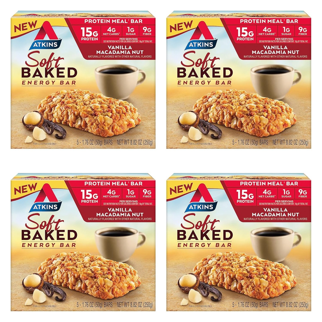 Atkins Vanilla Macadamia Nut aromatizzato barre di energia morbida al forno, alto in proteine, basso zucchero, alto snack fibra, snack proteico, 4 pacchetti (4 bar ciascuno)