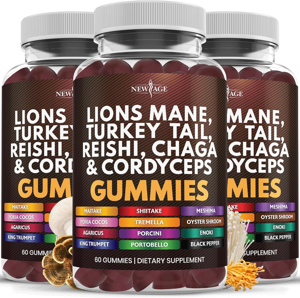 NEW AGE Mushroom Lion's Mane Supplement Gummies - Integratore di funghi completo con Reishi, Cordyceps - 180 Conte