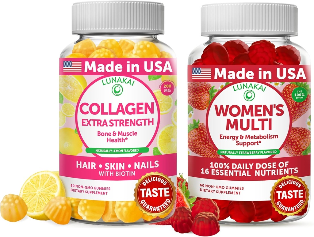 Lunakai Collagène et Gommies multivitamines pour femmes - Suppléments anti-vieillissement non OGM avec biotine, zinc, vitamine C et E - Valeur quotidienne de 16 vitamines et minéraux essentiels - 30 jours d'approvisionnement