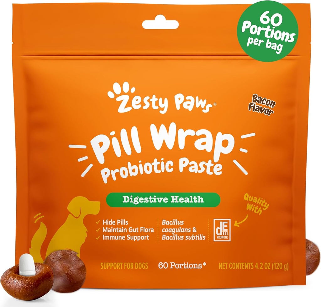 Zesty Paws Pille Wrap Probiotic Paste für Hunde - Immun- & Verdauungssystem Unterstützung - Bacon Flavor - mit DE111 Bacillus subtilis - Taschen Jede Pille, Tablet &amp; Kapsel für Ihren Hund - 4.2oz - 60 Portionen