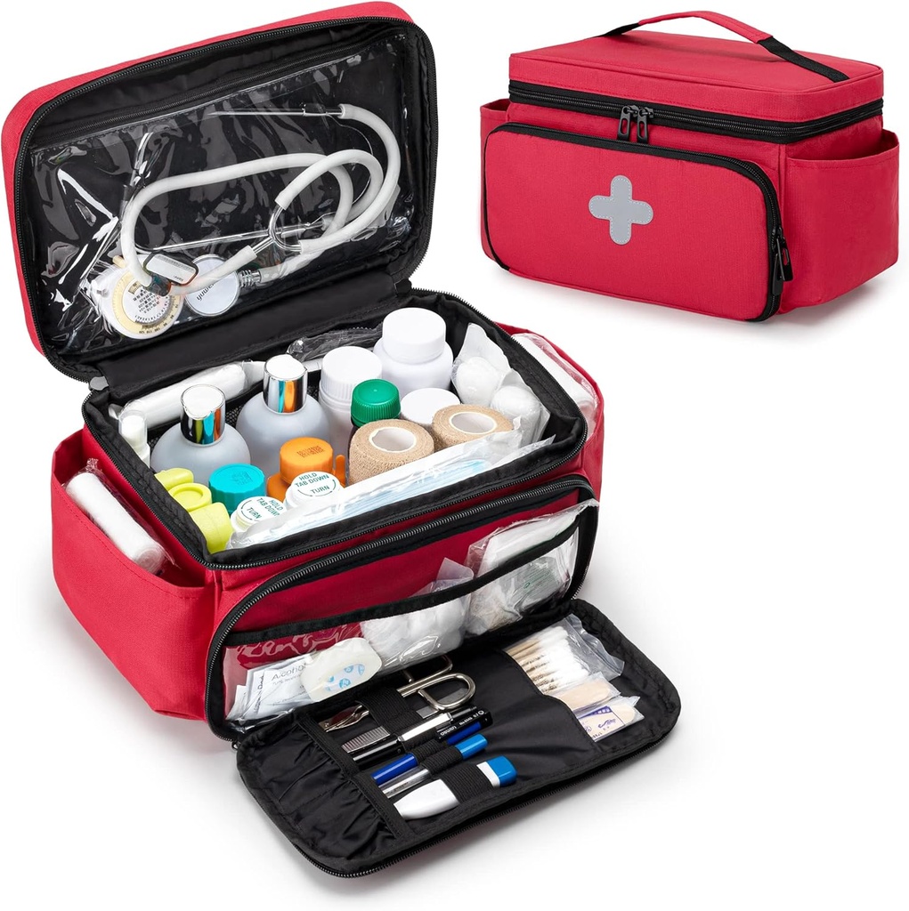 CURMIO Borsa di stoccaggio di piccola medicina Vuoto, Scatola di pronto soccorso per la famiglia, Organizzatore di bottiglie di pillole per forniture mediche di emergenza, Rosso (solo per la batteria, Pending brevetto)