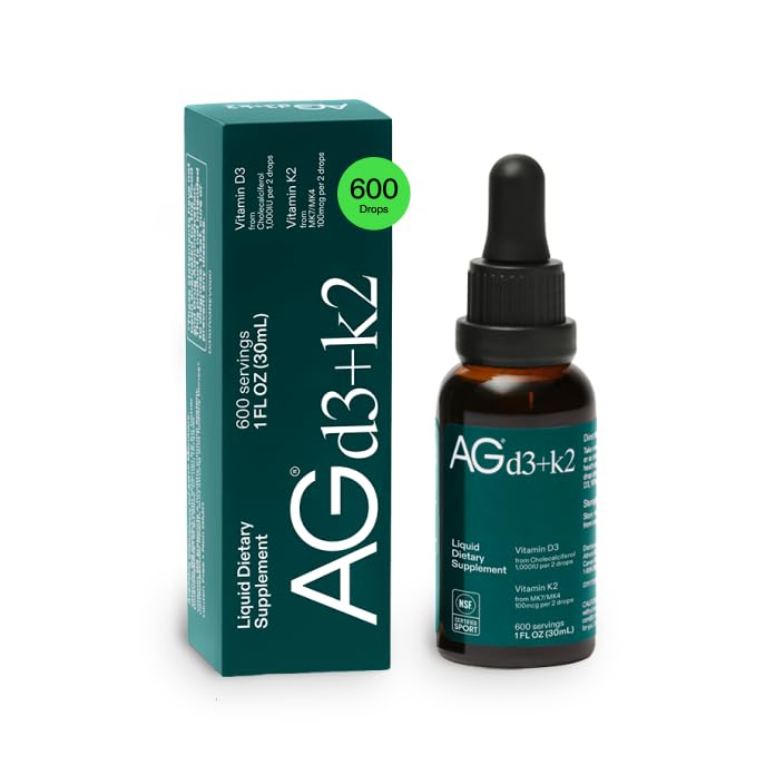 AG1 Vitamine D3 K2 gouttes, 1000UI de vitamine D3 et 100mcg de K2 par portion, soutient la densité osseuse et l'absorption de calcium (verts athlétiques)