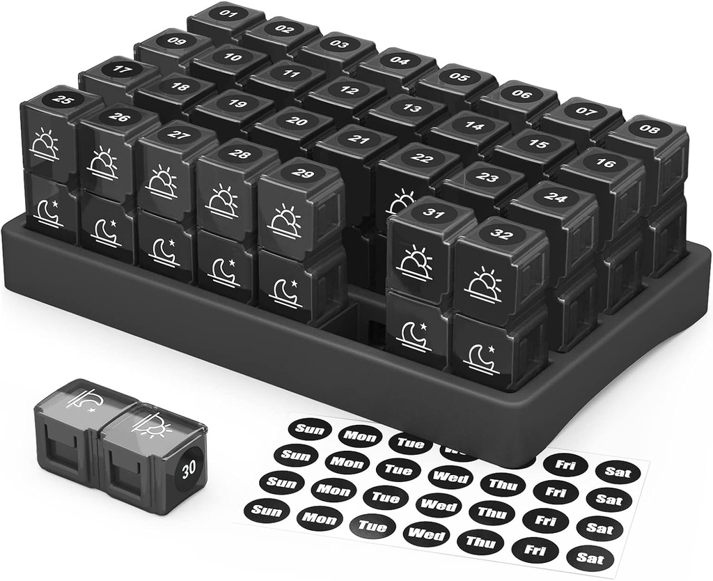 ZIKEE 30 Day Pill Organizer Monthly, Portable One Month Pill Box Cases with 32 Twice a Day AM PM Compartments for Vitamins, Fish Oil, Supplements and Medications（Black