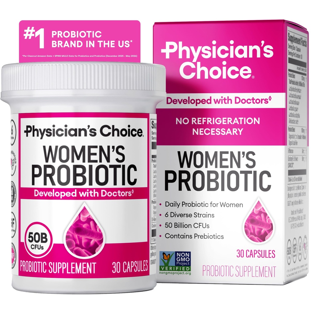 CHOIX du médecin Probiotiques pour les femmes - PH Balance, Digestion, UT et santé féminine - 50 milliards CFU - 6 souches uniques pour elle - Prébiotiques organiques, Extrait de canneberge+ - Probiotiques pour les femmes - 30 CT
