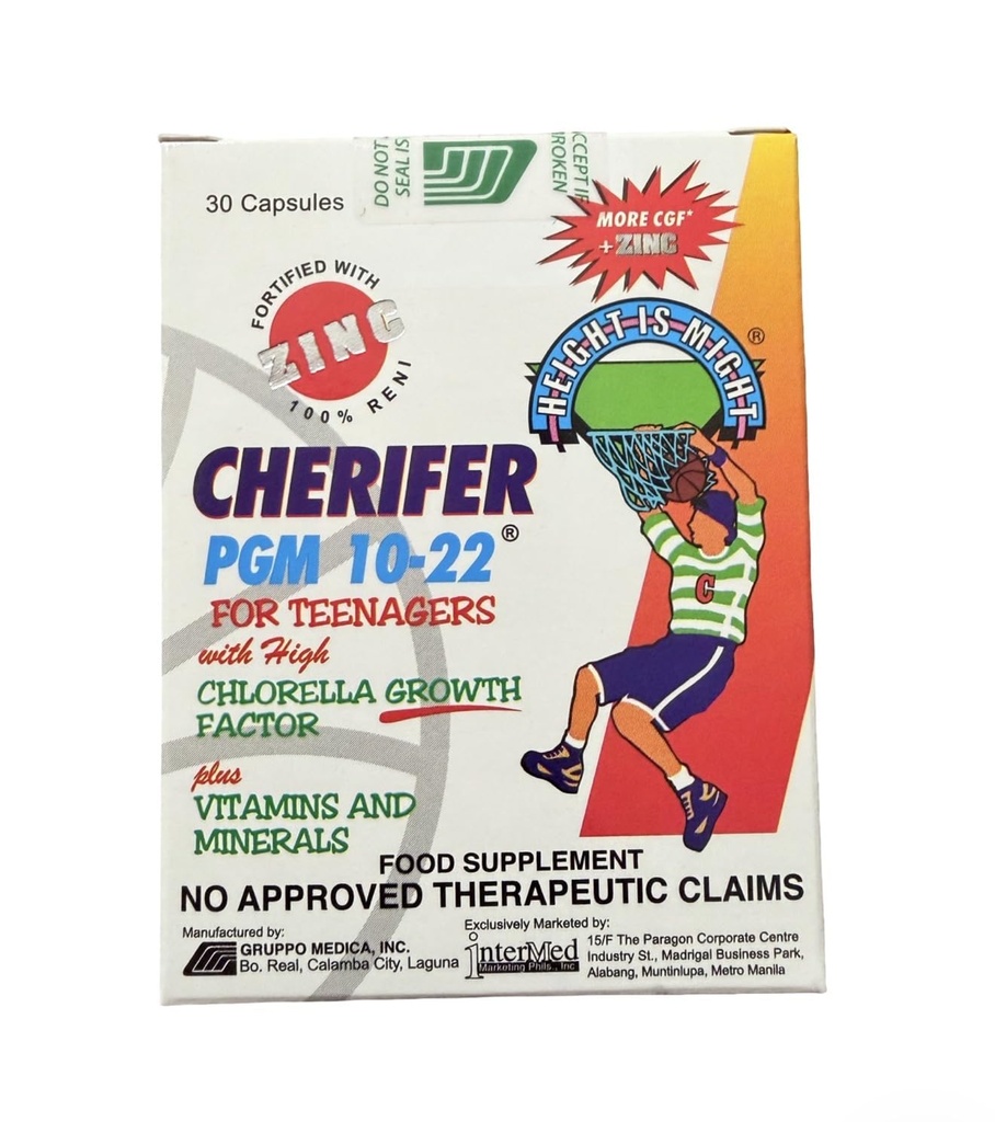 Cherifer PGM 10-22 Capsules with Zinc for Teenagers with Chlorella Growth Factor,and Taurine 30 Capsules