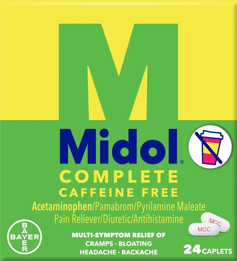Midol Complete Caplets sans caféine 24ct: Midol Complete Caplets sans caféine de soulagement de la douleur menstruelle avec l'acétaminophène, Fournit le soulagement des maux de tête et de la période Crampes, 24 Compte