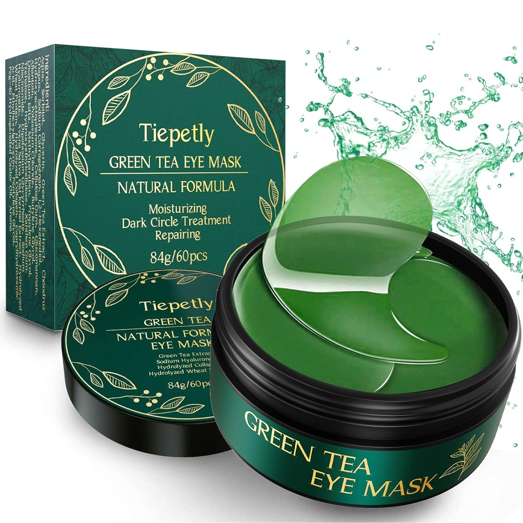 Tiepetly Under Eye Masks with Collagen, Green Tea Eye Patches für dunkle Kreise und Puffiness, Hydrating, Anti-Falten, 60 Stück