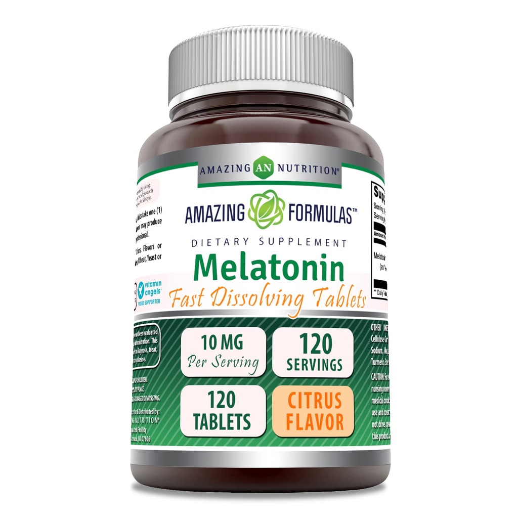Incredibile Formulas Melatonin 10 Mg | Tavole di dissoluzione rapida Supplemento | Citrus Flavor | Non-GMO | Gluten-Free Made in USA (1 Pack | 120 Count)