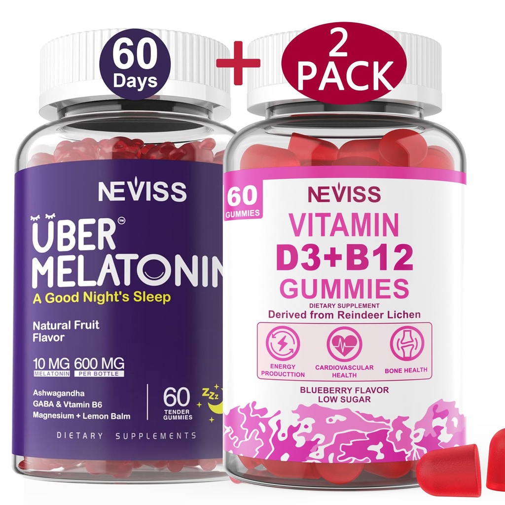 NEVISS Melatonina + Vitamina D3 & B12 Gummies, Vegan, 2+2=4 Pack
