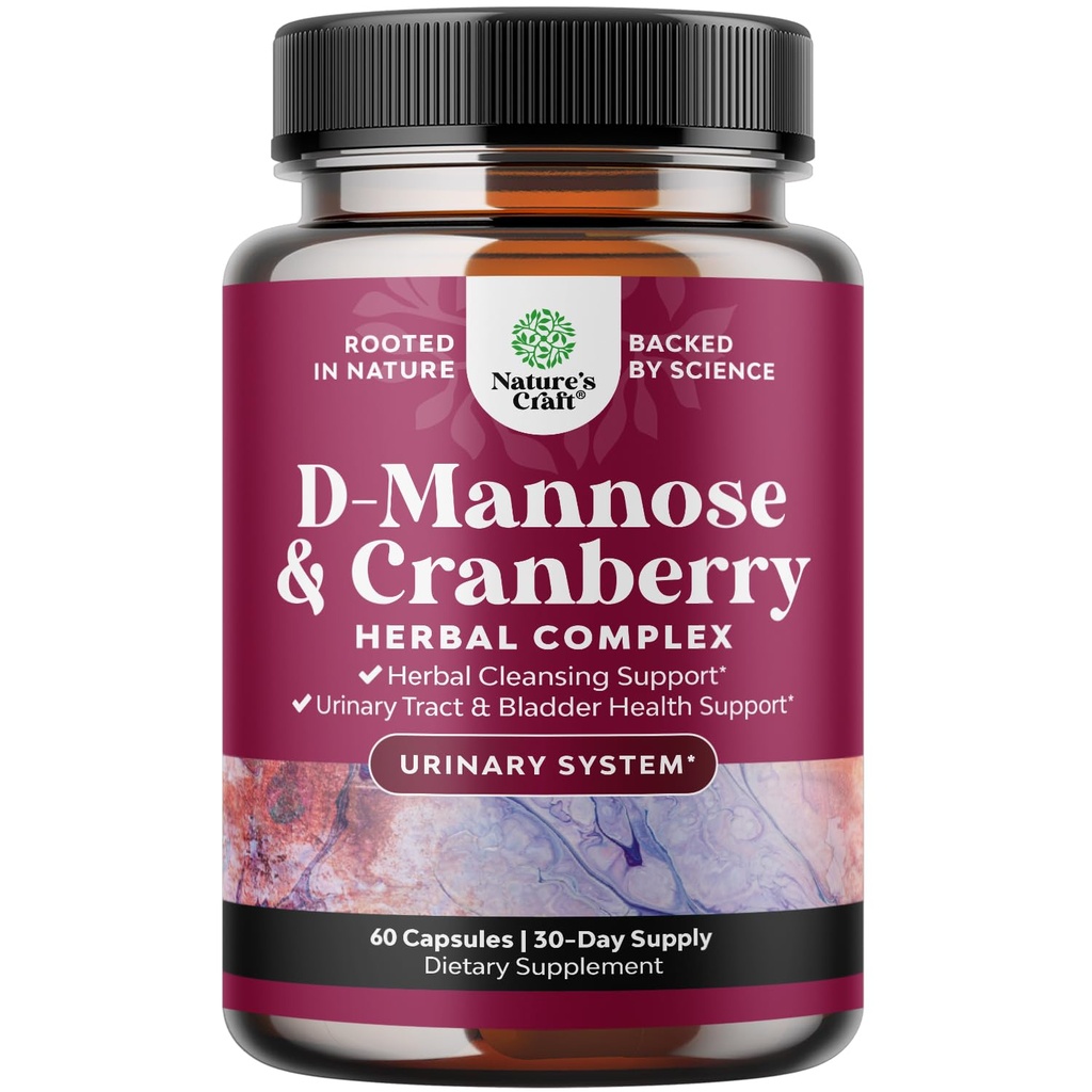 D Mannose avec supplément de canneberge - Potent D Mannose 1000mg Capsules pour le soutien de la défense du rein et nettoyage et la santé urinaire pour les femmes et les hommes - Supplément santé Bladder pour les adultes - 60 Compte