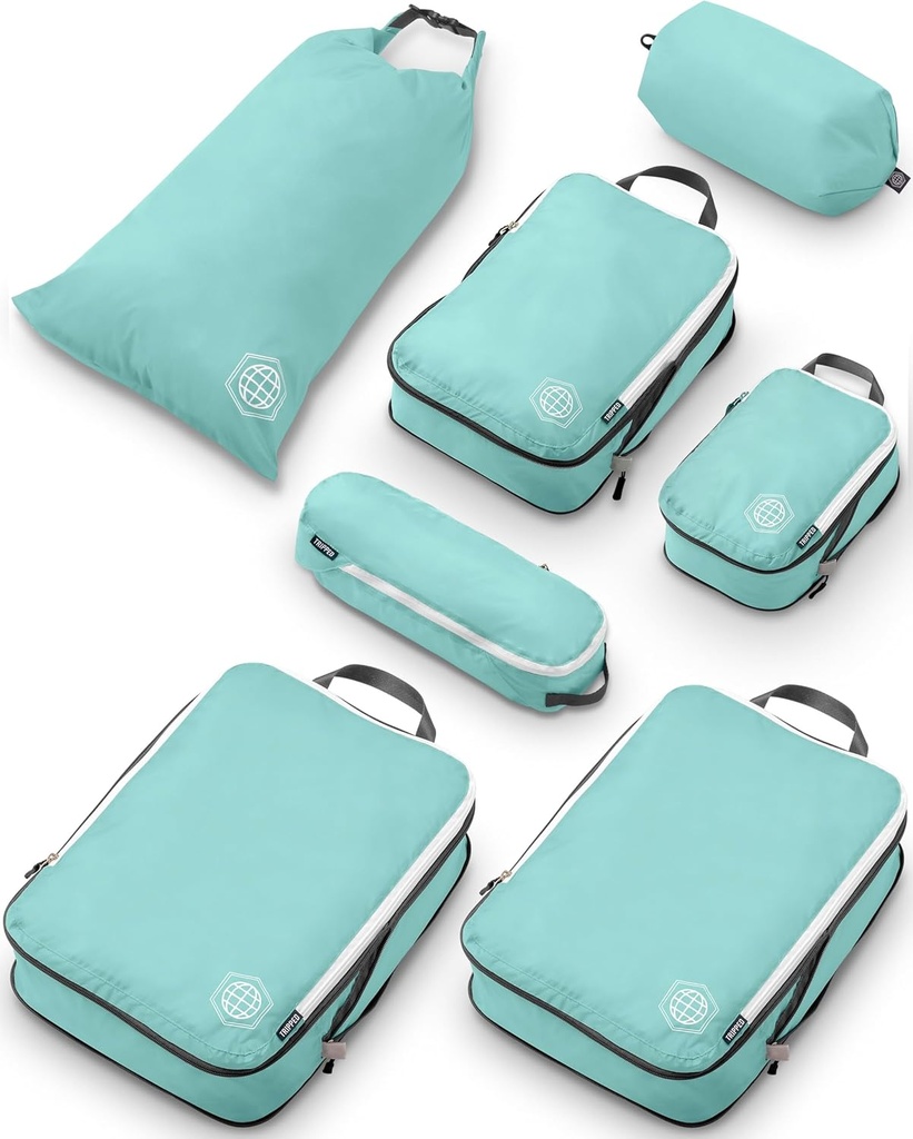 Grand cubes d'emballage de compression pour les organisateurs de bagages de cubes d'emballage 7 pièces pour les bagages enregistrés-Ultralight, sacs extensibles/compression par TRIPPED Travel Gear (DustyTeal/White)