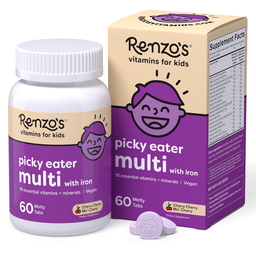 Multivitamines pour enfants de Renzo avec du fer, dissolvant les vitamines pour enfants avec des vitamines D3 et K2 et plus, 60 comprimés sans sucre, cerise Mo.
