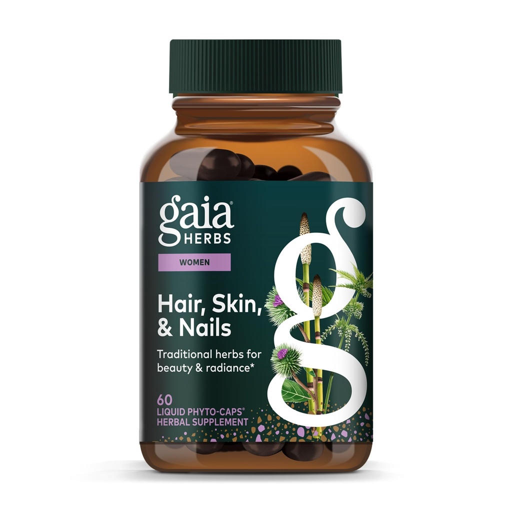 Gaia Herbes Cheveux, peau et ongles - Supplément pour soutenir la santé de la peau, des cheveux et des ongles* - Astaxanthin, Cavalier, Gotu Kola et Burdock - 60 Capsules Phyto liquides végétaliens (30 portions)