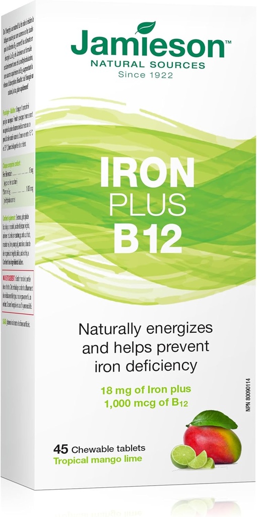 Jamieson Fer + vitamine B12, 45 comprimés à croquer