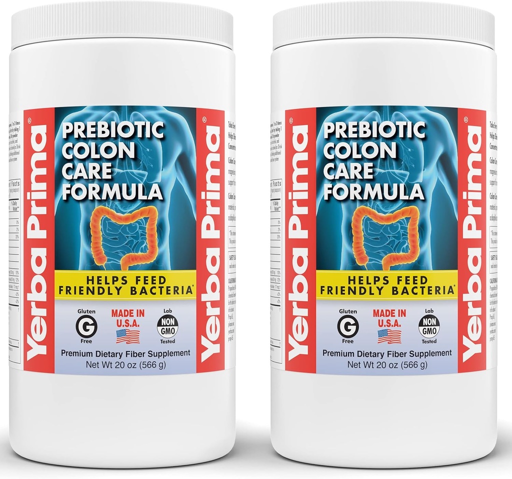 Yerba Prima Prebiotic Colon Care Formula, 20 oz poudre (paquet de 2) avec FOS - Fibre naturelle de Psyllium, Magnésium, Sélénium - Non-OGM, Sans gluten, Supplément quotidien végétalien - pour les hommes et les femmes
