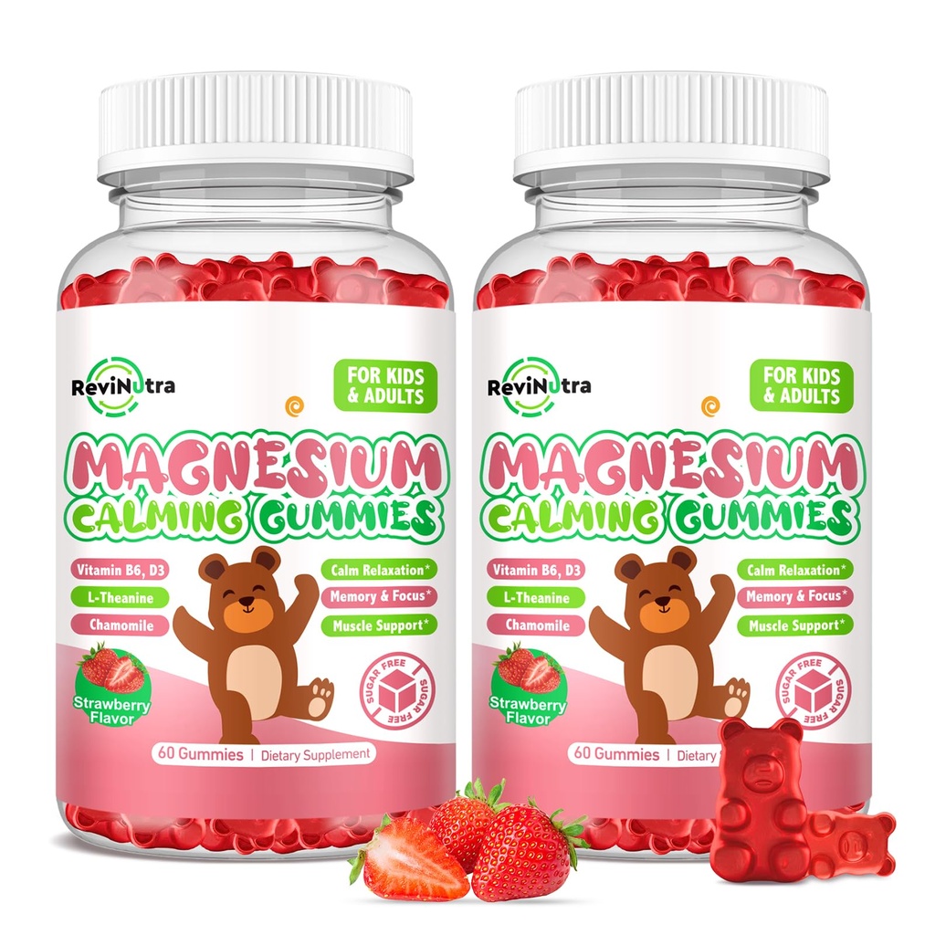 Bambini Magnesio Glycinate Gummies, Magnesio Supplemento con L-teanina, Vitamina B6, D3 per bambini e adulti, Magnesio calma per il riposo Rilassamento,Brain,Bones, Sugar Free Strawberry 120ct