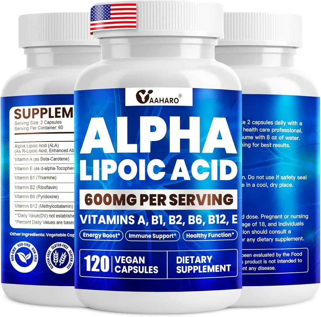Alpha Liponsäure 600mg, ALA-Ergänzung für Energie-Boost, Immununterstützung, Gesunde Funktion und verbesserte Absorption, R-Alpha Lipsäure mit essentiellen Vitaminen, 120 Kapseln